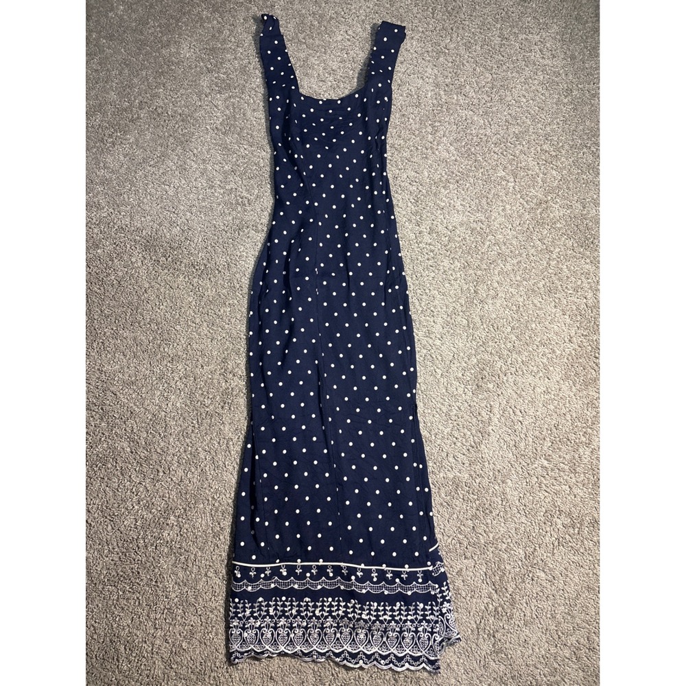 Vintage Knapp Studio California Vintage Navy Polka Dot Maxi Dress Embroidered